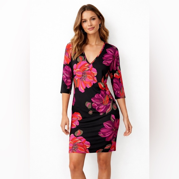 Trina Turk Dresses & Skirts - Trina Turk Floral 3/4 Sleeve Dress Black & Pink